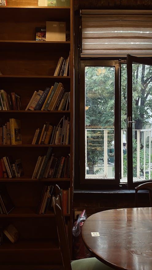 Inviting library corner with a wooden bookshelf and a window view of trees.